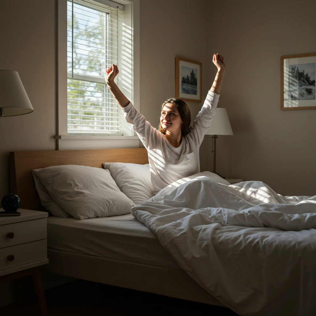 Pessoa acordando revigorado e satisfeito após dormir melhor