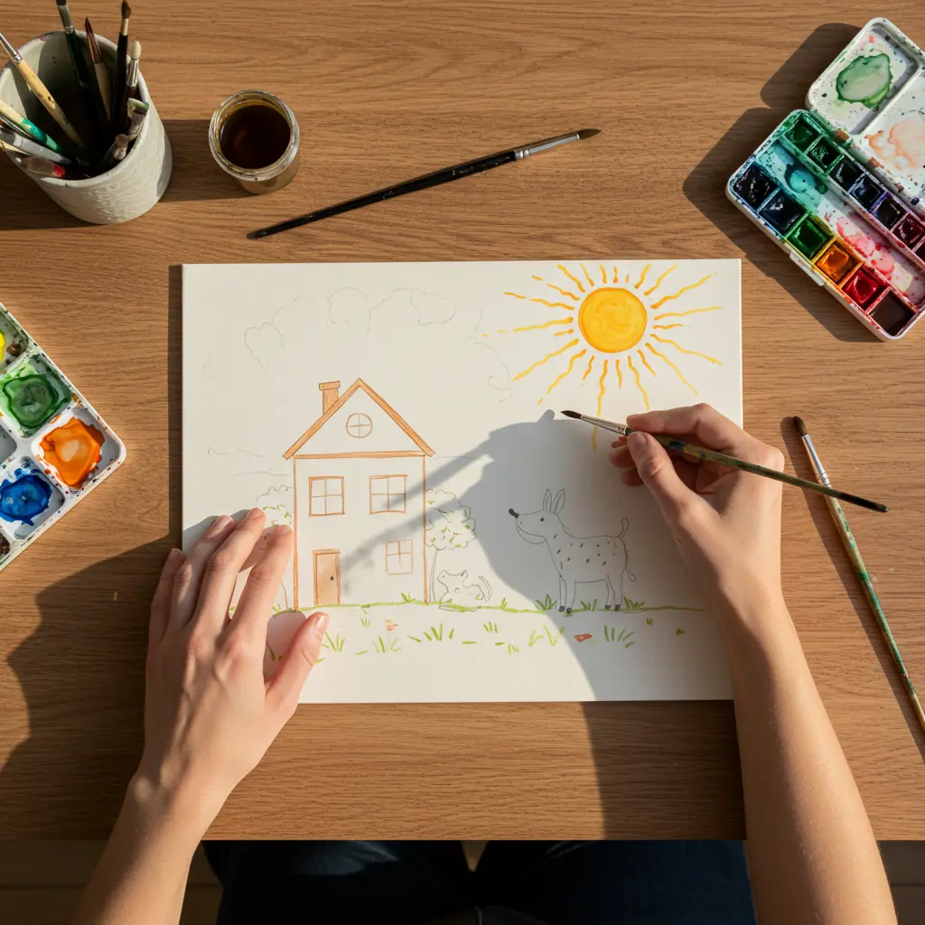 Vista aérea de mãos de um adulto pintando um desenho infantil com aquarela, simbolizando o resgate da criatividade e a cura da Criança Interior através da arteterapia.