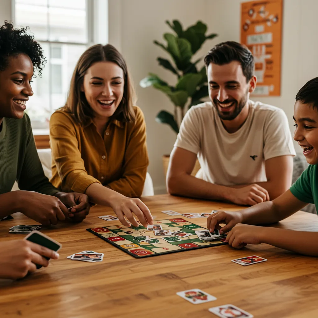 Grupo diverso se divertindo em torno de uma mesa com jogos, lazer e cultura, momentos de alegria e conexão