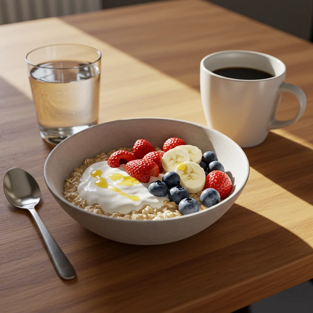 Tigela de café da manhã com frutas e cereais integrais, fundamental para energia estável e clareza mental no rito diário.