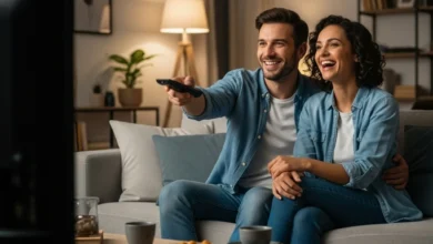 Casal sorrindo assistindo TV, homem com controle remoto, lazer consciente, conexão emocional.