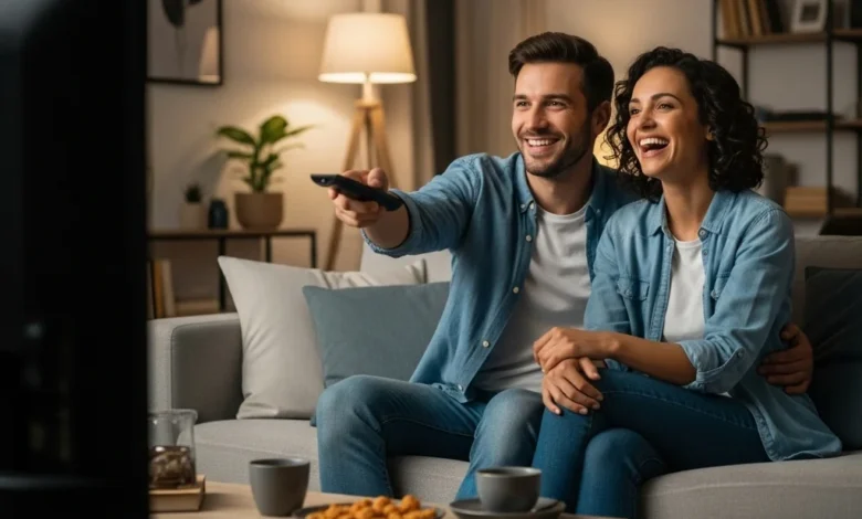Casal sorrindo assistindo TV, homem com controle remoto, lazer consciente, conexão emocional.