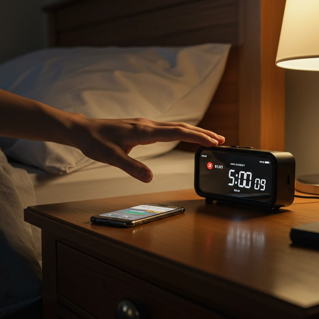 Mão desligando despertador digital ao lado de um smartphone com notificações, simbolizando o estresse e a ansiedade matinal.