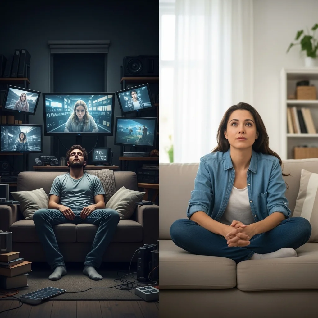 Imagem dividida. Homem à esquerda sobrecarregado por múltiplas telas (consumo passivo). Mulher à direita em posição calma e pensativa (lazer consciente) representando o Entretenimento com Propósito.