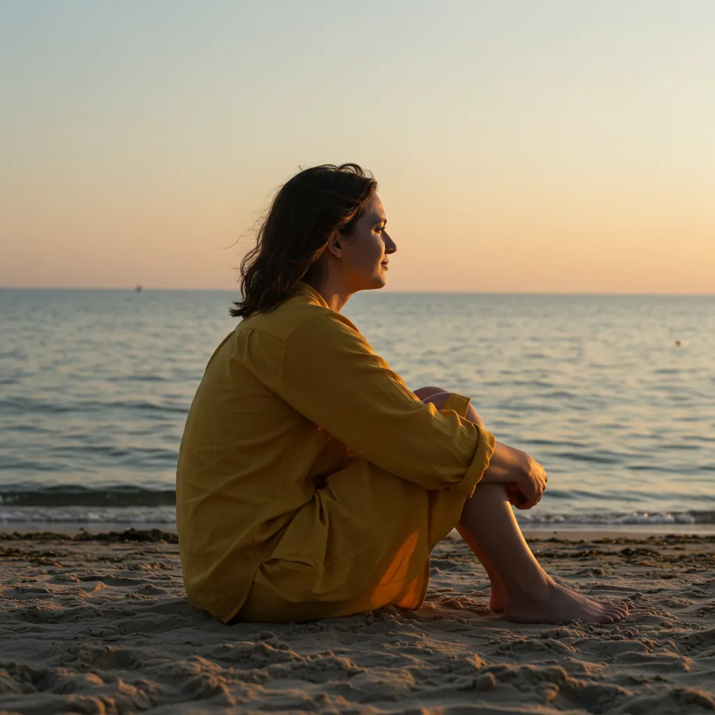 Pessoa de perfil sentada na areia olhando para o mar ao nascer do sol, semblante sereno e introspectivo