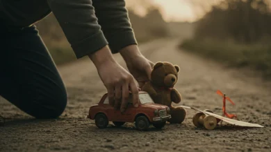 Fotografia de um adulto se abaixando para pegar um brinquedo (carrinho) em uma estrada de terra, simbolizando a cura da criança interior.