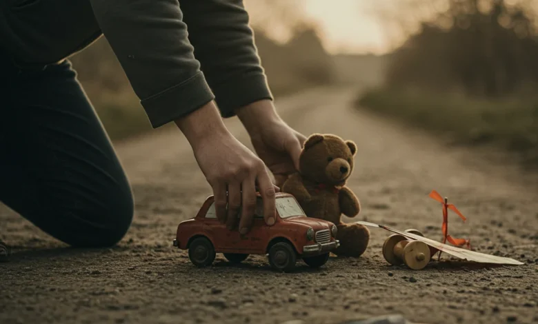 Fotografia de um adulto se abaixando para pegar um brinquedo (carrinho) em uma estrada de terra, simbolizando a cura da criança interior.