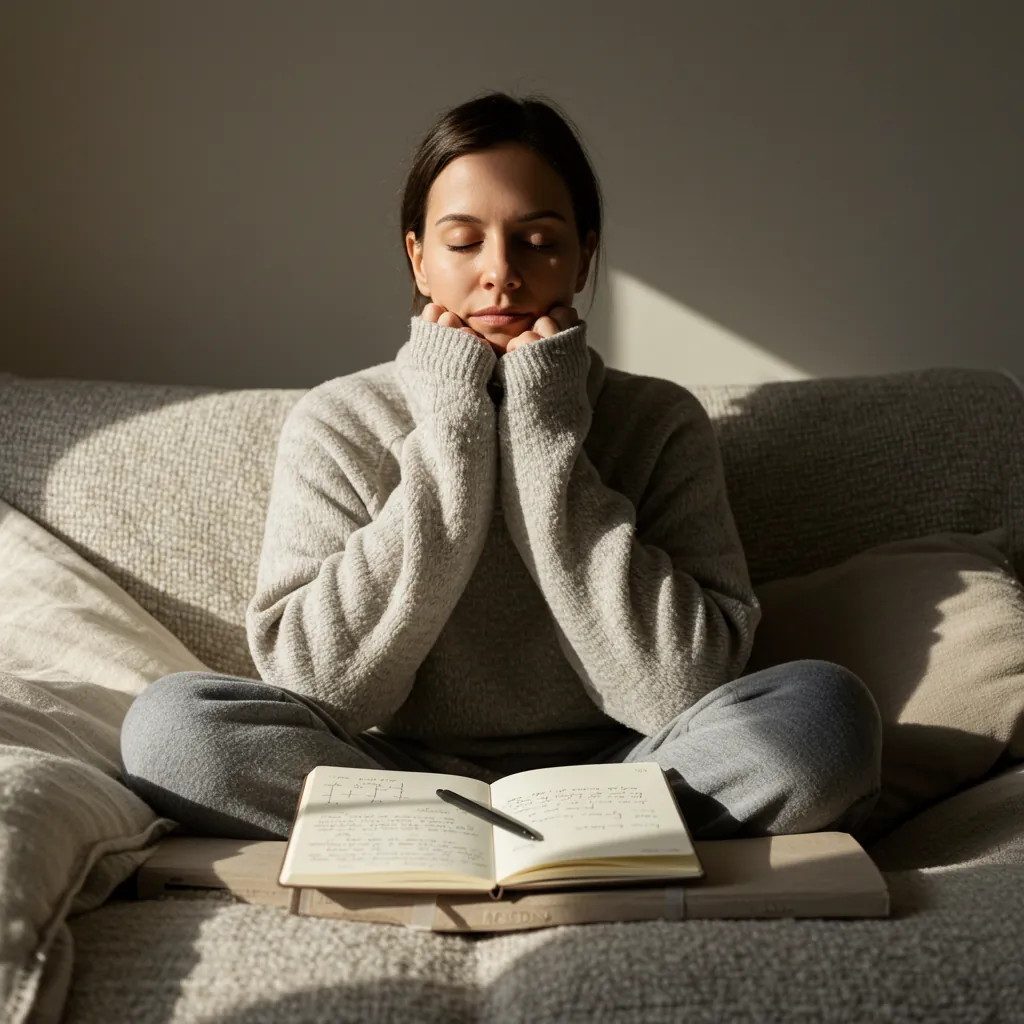 Pessoa com olhos fechados, em pose meditativa com caderno e caneta, praticando o diálogo e a escuta da Criança Interior e suas emoções.