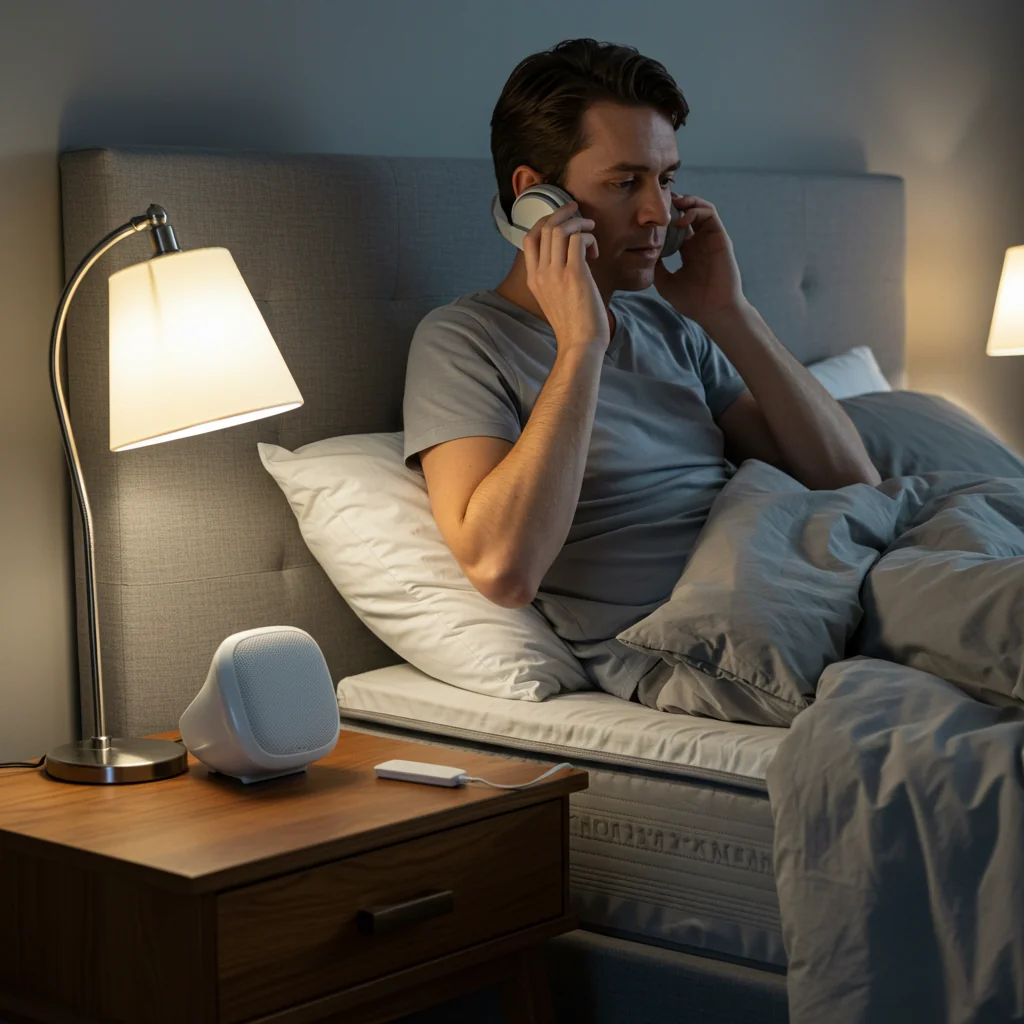 Usando fones relaxantes e máquina de ruído branco para dormir melhor