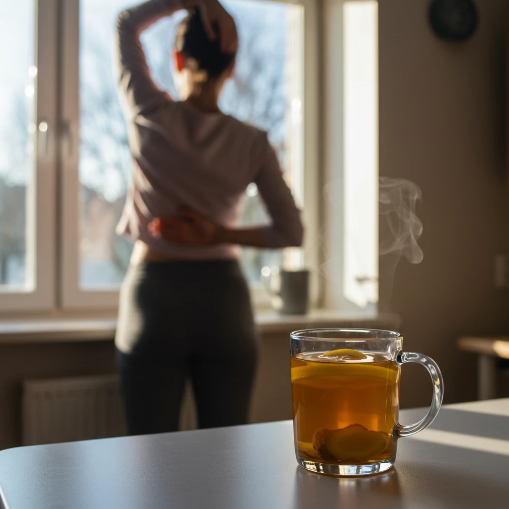 Chá morno com cúrcuma e gengibre em caneca, sendo a primeira etapa do Rito da Manhã para hidratação e ativação do corpo.