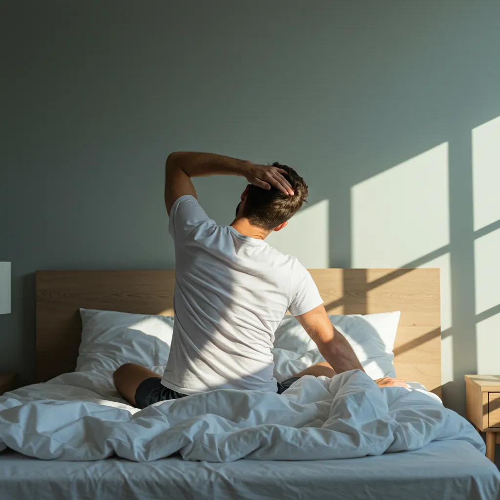 Homem sentado na cama realizando alongamentos de ombros e pescoço, despertando com leveza e bem-estar