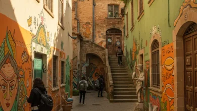 Rua urbana com murais coloridos, esculturas, escada e pessoas com mochila, lazer e cultura, estilo de vida cultural