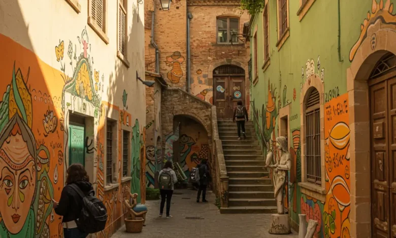Rua urbana com murais coloridos, esculturas, escada e pessoas com mochila, lazer e cultura, estilo de vida cultural