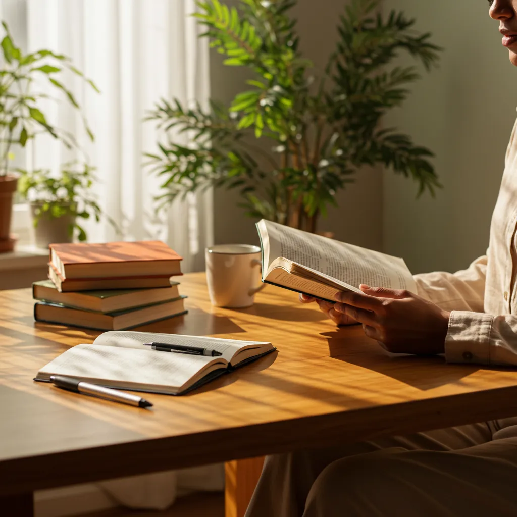 Pessoa lendo em ambiente aconchegante com livros e café, lazer e cultura, momento de inspiração e calma