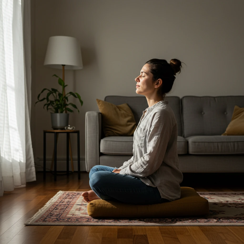 Pessoa sentada em meditação com olhos fechados, praticando respiração consciente para 5 minutos de foco no rito da manhã.