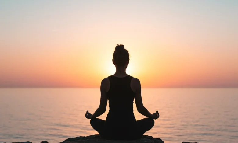 Silhueta de mulher meditando em pose de lótus ao nascer do sol, simbolizando a paz e foco do mindfulness.