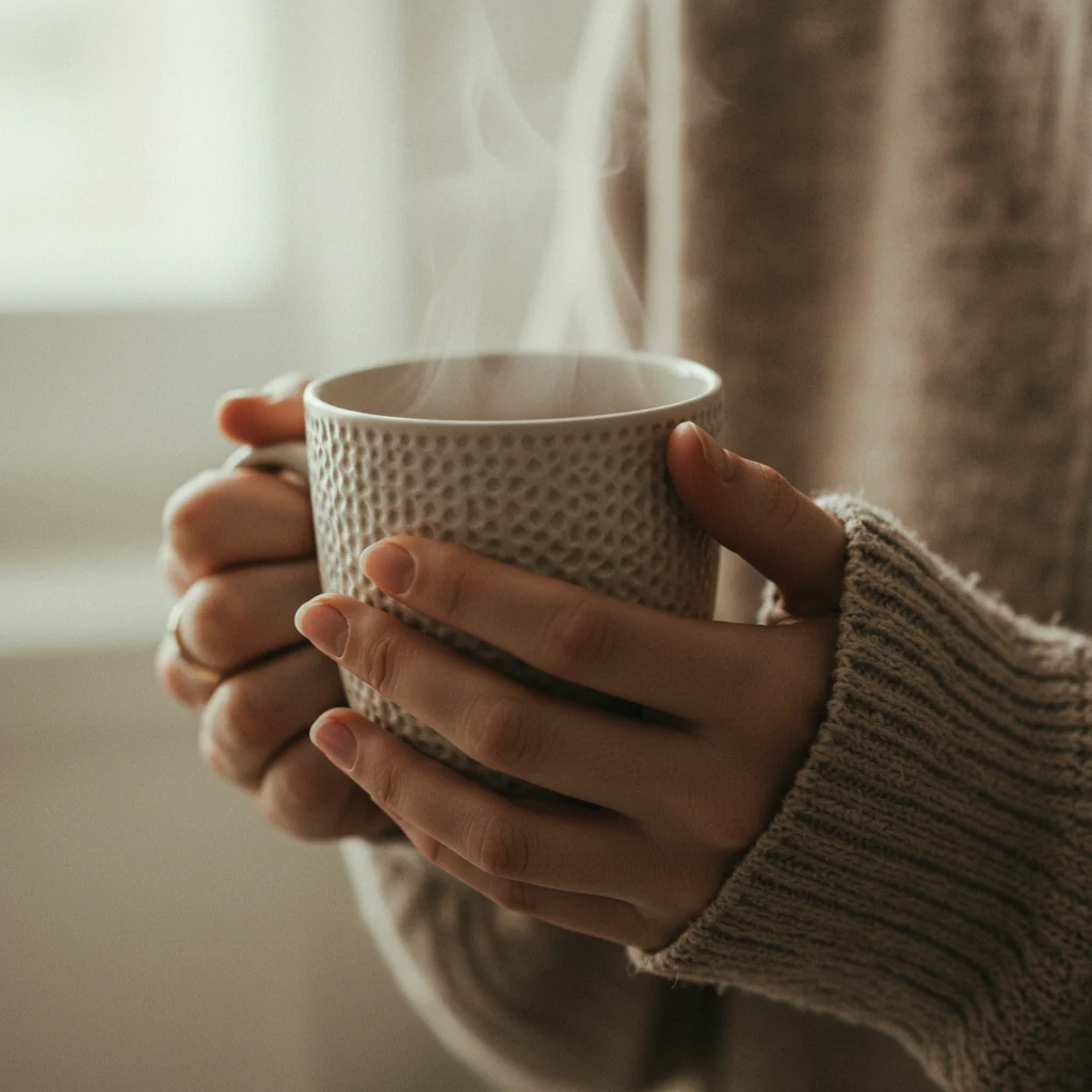 Close-up de mãos segurando uma caneca de chá quente, representando a prática de Mindfulness e uma Rotina Leve.