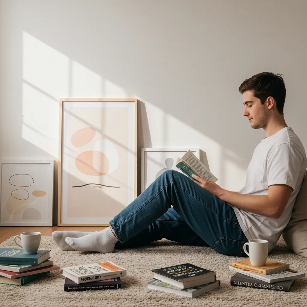 Pessoa sentada de forma relaxada em ambiente minimalista, lendo ou meditando, mostrando minimalismo digital e um novo jeito de viver