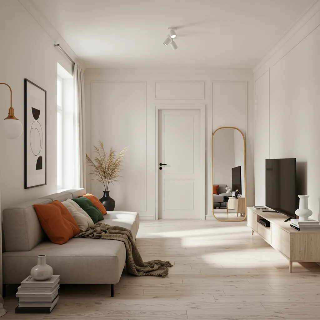 Sala minimalista organizada com sofá, TV, porta, espelho, quadro e detalhes em laranja, verde, creme, branco e preto, transmitindo Estilo de Vida consciente.