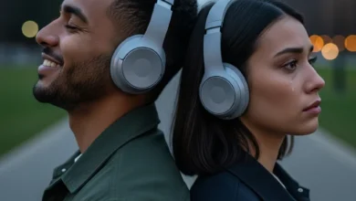 Foto realista de duas pessoas ouvindo música com fones, uma alegre e outra melancólica, ilustrando o contraste das Música e Emoções e seu impacto no cérebro.