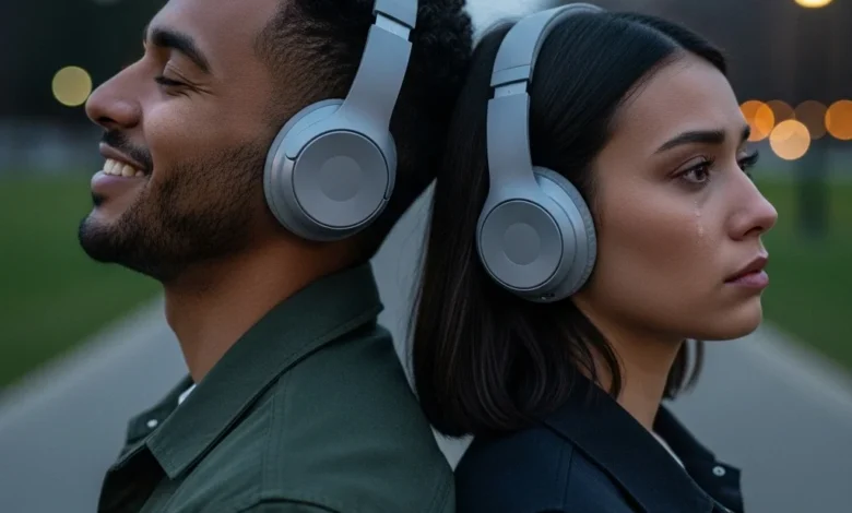 Foto realista de duas pessoas ouvindo música com fones, uma alegre e outra melancólica, ilustrando o contraste das Música e Emoções e seu impacto no cérebro.