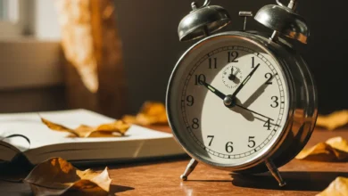 relógio analógico antigo sobre mesa de madeira com caderno e folhas, luz do fim de tarde