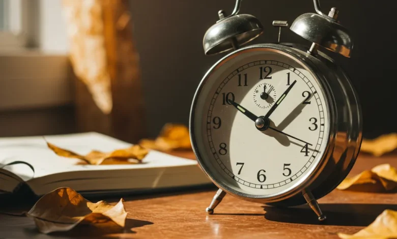 relógio analógico antigo sobre mesa de madeira com caderno e folhas, luz do fim de tarde