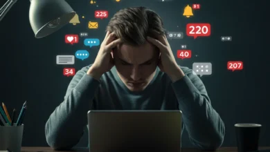Pessoa sobrecarregada de informações digitais, cercada por dispositivos e ícones genéricos de notificações, ilustrando a necessidade de minimalismo digital.