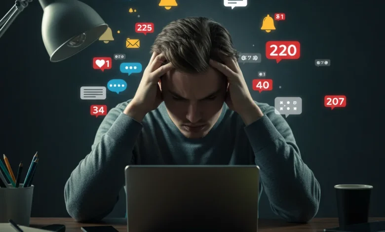 Pessoa sobrecarregada de informações digitais, cercada por dispositivos e ícones genéricos de notificações, ilustrando a necessidade de minimalismo digital.