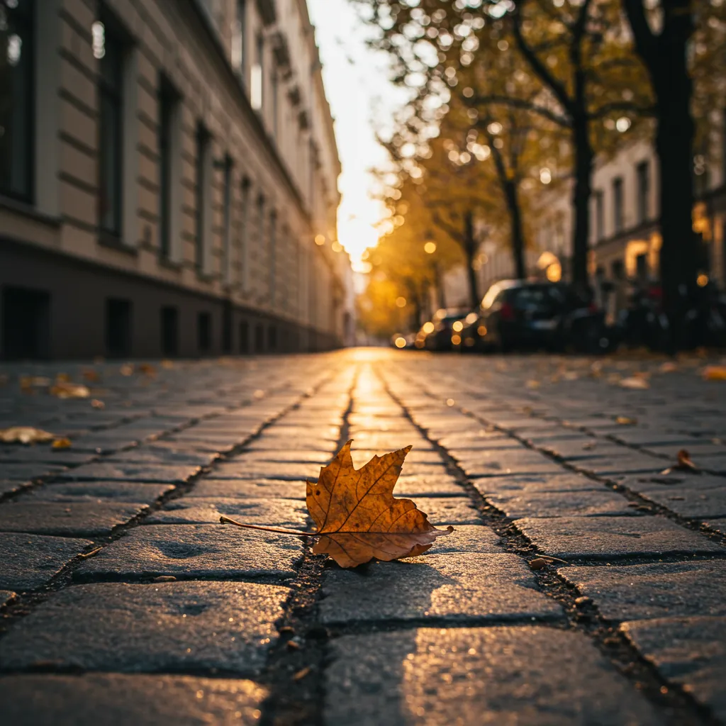 Rua tranquila com folhas caídas, simbolizando a filosofia de leveza do Sutilmente.