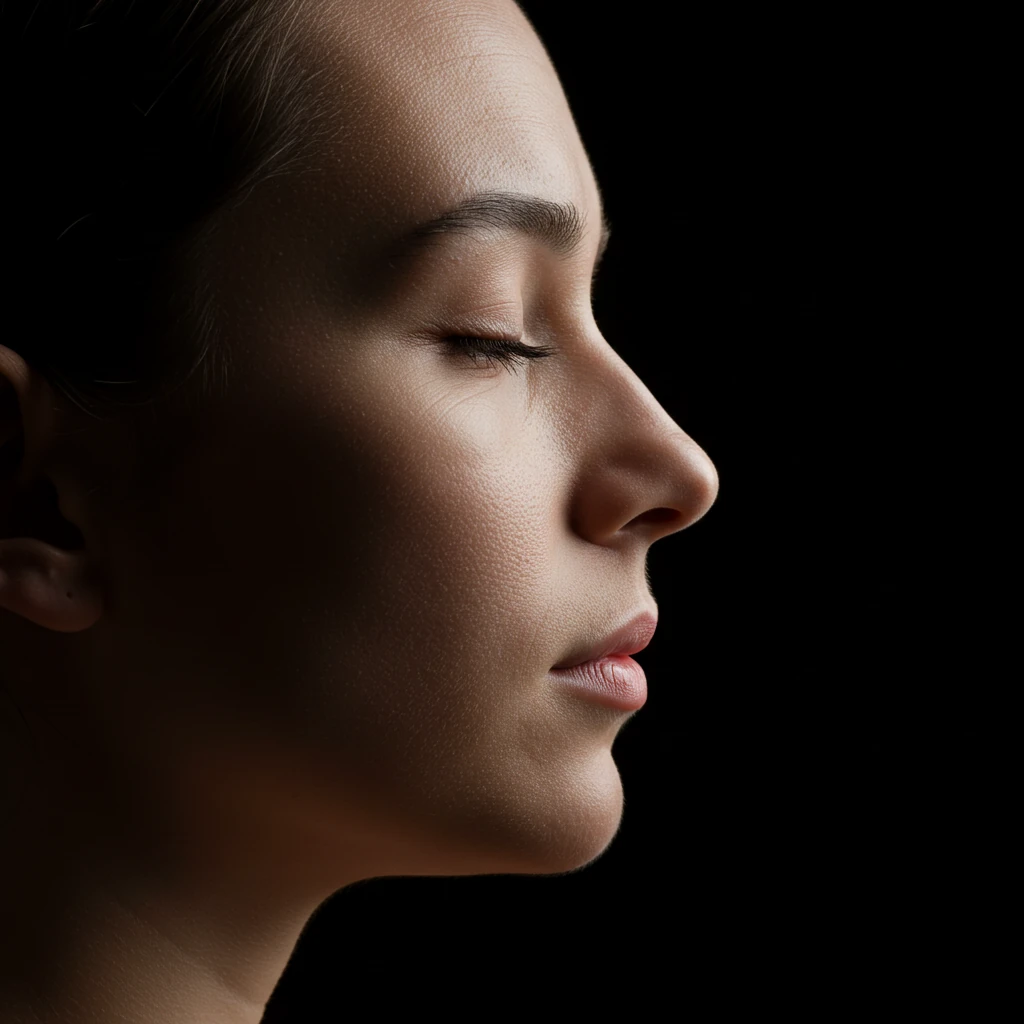 Rosto calmo com olhos fechados, focando na Respiração Consciente, a técnica essencial de Atenção Plena para desenvolver o Foco e a Rotina Leve.