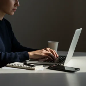 Pessoa concentrada em ambiente minimalista, trabalhando com laptop, representando minimalismo digital e um novo jeito de viver